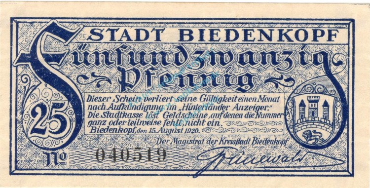 Biedenkopf , Notgeld 25 Pfennig Schein unc-kfr. Ti.0610.05.05 , Hessen 1920 Verkehrsausgabe