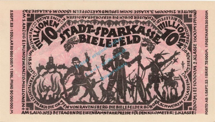 Bielefeld , Banknote 10 Millionen Mark Schein unc-kfr. Keller 415.a , Westfalen 1923 Inflation
