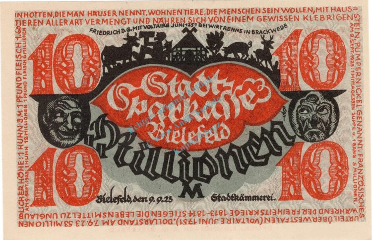 Bielefeld , Banknote 10 Millionen Mark Schein unc-kfr. Keller 415.c , Westfalen 1923 Inflation