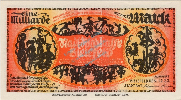 Bielefeld , Banknote 1 Milliarde Mark Schein unc-kfr. Keller 415.f , Westfalen 1923 InflationBielefeld , Banknote 1 Milliarde Mark Schein unc-kfr. Keller 415.f , Westfalen 1923 Inflation