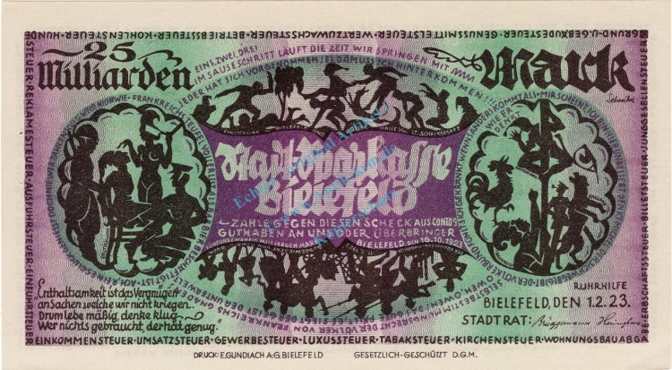 Bielefeld , Banknote 25 Milliarden Mark Schein unc-kfr. Keller 415.f , Westfalen 1923 Inflation
