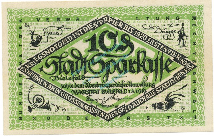 Bielefeld , Notgeld 10 Pfennig Schein -D- unc-kfr. Ti.0620.05.75 NRW 1919 Verkehrsausgabe -4243-