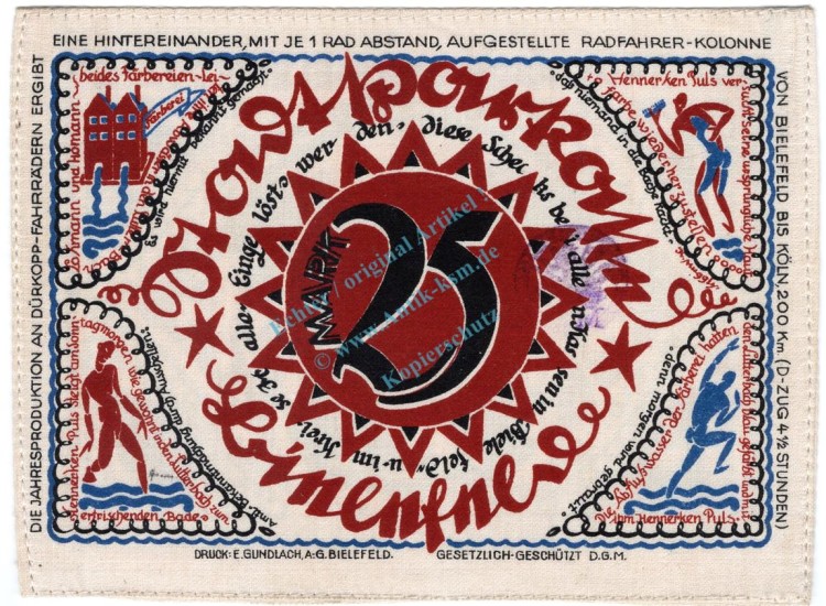 Bielefeld , Notgeld 25 Mark Nr.1 -Seide- unc-kfr. M-G 103.8.b , Westfalen 1921 Seriennotgeld