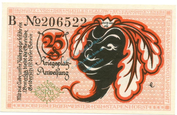 Bielefeld , Notgeld 25 Pfennig Schein -B- unc-kfr. Ti.0620.05.26 NRW 1917 Verkehrsausgabe -4241-