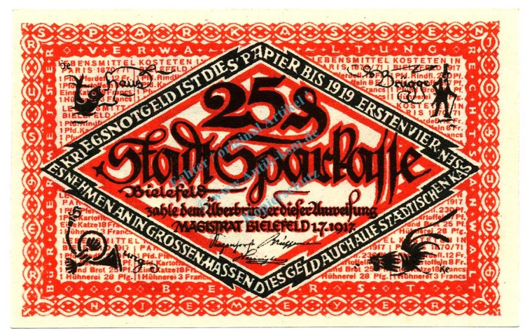 Bielefeld , Notgeld 25 Pfennig Schein -B- unc-kfr. Ti.0620.05.26 NRW 1917 Verkehrsausgabe -4241-