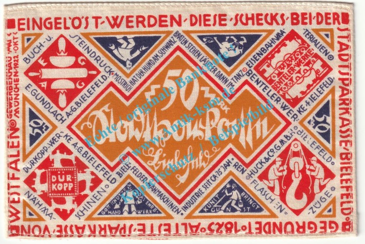 Bielefeld , Notgeld 50 Mark Nr.4 -Seide- in kfr. M-G 103.15.c , Westfalen 1922 Seriennotgeld