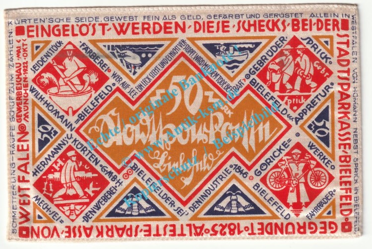 Bielefeld , Notgeld 50 Mark Nr.5 -Seide- in kfr. M-G 103.15.c , Westfalen 1922 Seriennotgeld