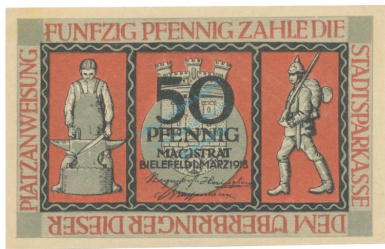 Bielefeld , Notgeld 50 Pfennig Schein unc-kfr. Ti.0620.05.60 NRW 1918 Verkehrsausgabe -4239-