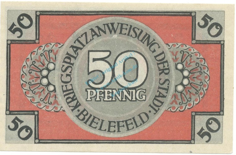 Bielefeld , Notgeld 50 Pfennig Schein unc-kfr. Ti.0620.05.60 NRW 1918 Verkehrsausgabe -4239-