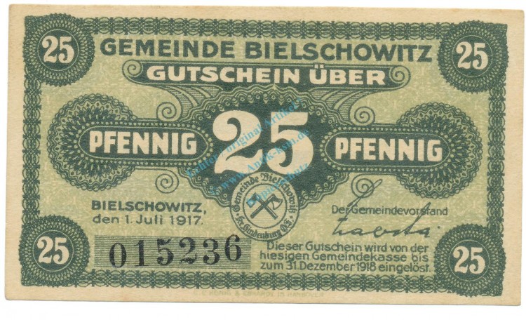 Bielschowitz , Notgeld 25 Pfennig Schein unc-kfr. Ti.0625.05.15 SLN 1917 Verkehrsausgabe -4248-