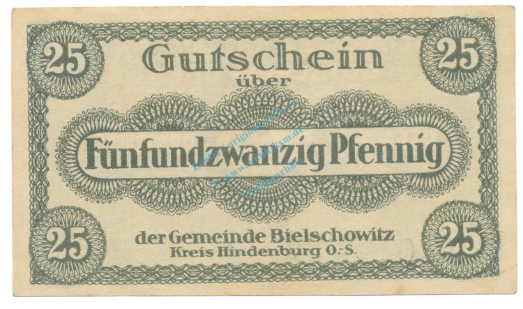 Bielschowitz , Notgeld 25 Pfennig Schein unc-kfr. Ti.0625.05.15 SLN 1917 Verkehrsausgabe -4248-