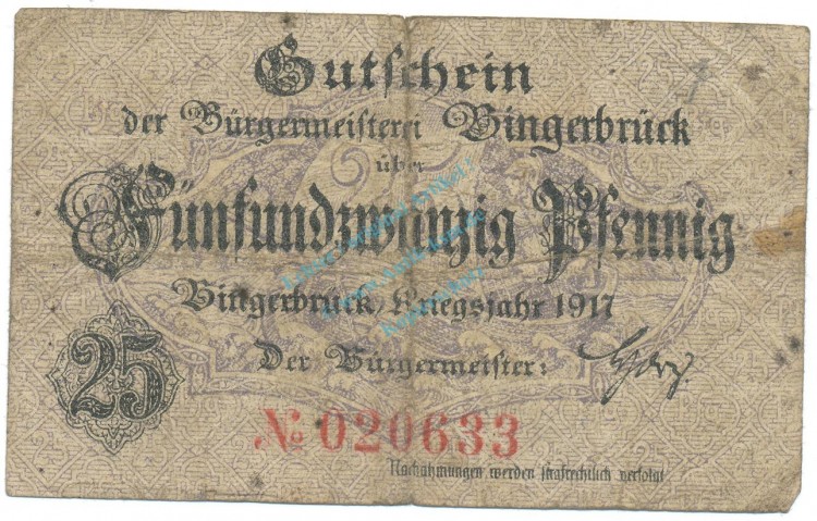 Bingenbrück , Notgeld 25 Pfennig Schein gbr-. Ti.0635.05.02 RHL 1917 Verkehrsausgabe -4256-