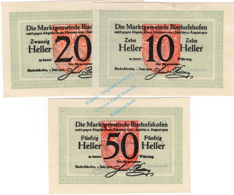 Bischhofshofen , Notgeld Set mit 3 Scheinen unc-kfr. K-K 88.a , Salzburg 1920 Österreich