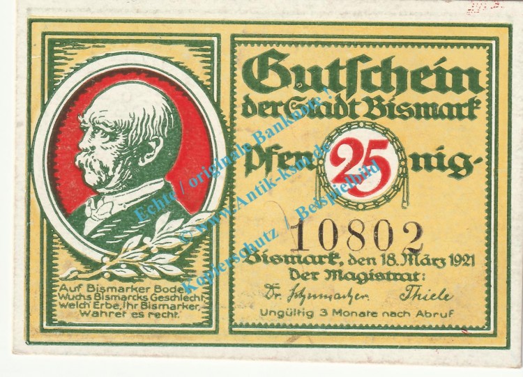 Bismark , Notgeld 25 Pfennig Schein in kfr. Tieste 0700.05.10 , Sachsen 1921 Verkehrsausgabe