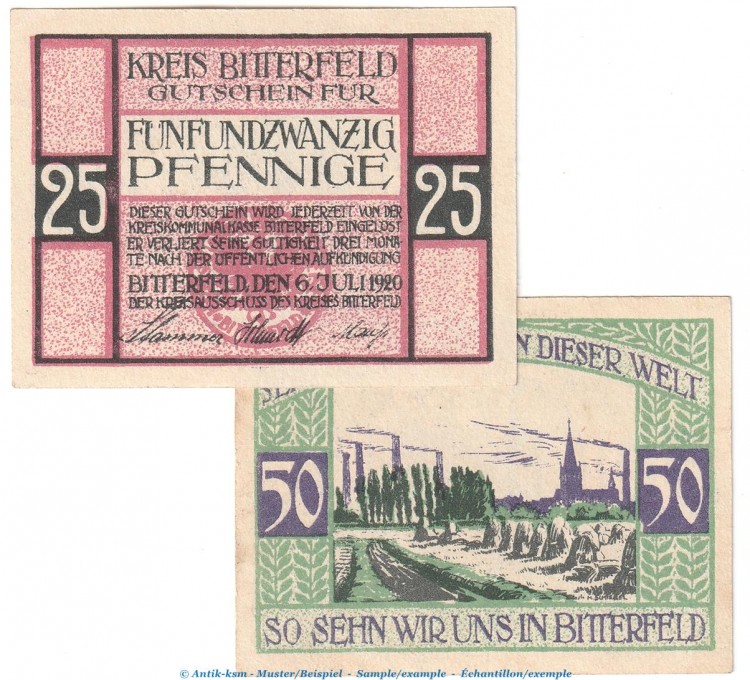 Bitterfeld Notgeld , Tieste 0710.25.01-2 Set mit 2 Scheinen in kfr. von 1920 , Sachsen Verkehrsausgabe