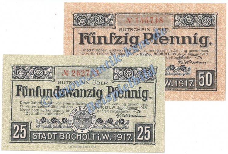 Bocholt , Notgeld Set mir 2 Scheinen in kfr. Tieste 0785.05.01-02 , Westfalen 1918 Verkehrsausgabe