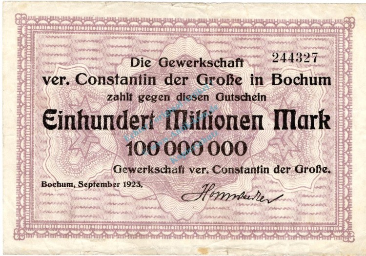 Bochum , Banknote 100 Millionen Mark Schein gbr. Keller 483.h , Westfalen 1923 InflationBochum , Banknote 100 Millionen Mark Schein gbr. Keller 483.h , Westfalen 1923 Inflation