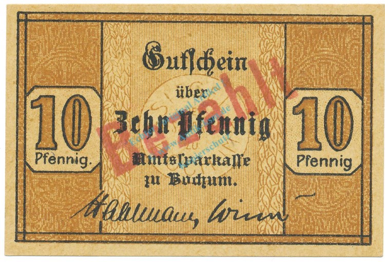 Bochum , Notgeld 10 Pfennig Schein unc-kfr.bez. Ti.0790.05.... Westfalen 1917 Verkehrsausgabe