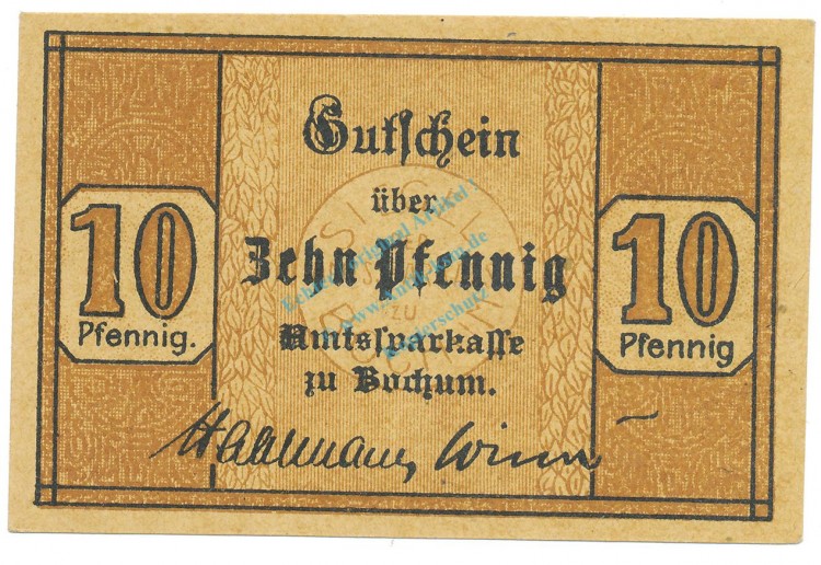 Bochum , Notgeld 10 Pfennig Schein unc-kfr. Ti.0790.05.01 , Westfalen 1917 Verkehrsausgabe