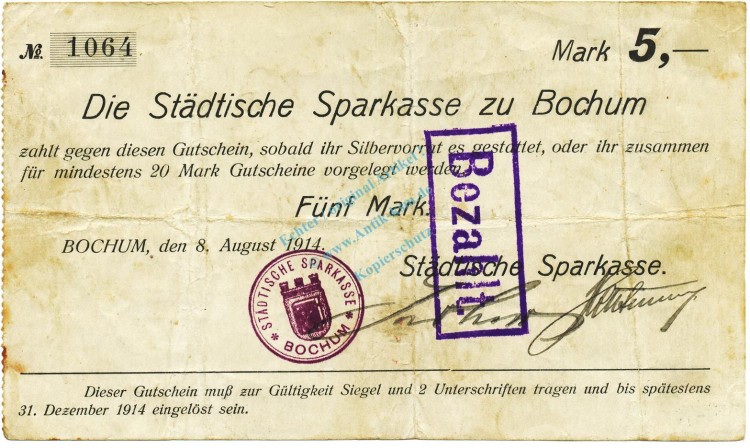 Bochum , Notgeld 5 Mark Schein gbr.E Diessner 36.4.a , Westfalen 1914 Notgeld 1914-15