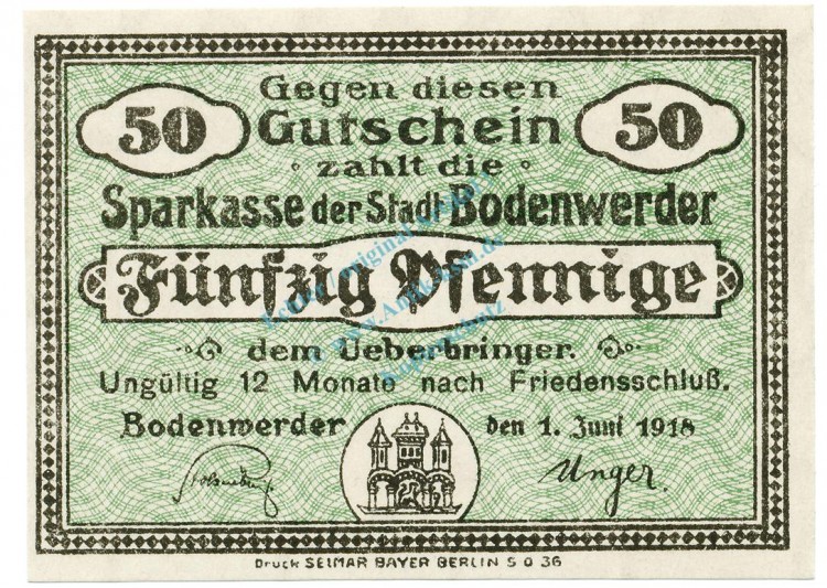 Bodenwerder , Notgeld 50 Pfennig -12 Monate- unc-kfr. Ti.0800.05.041 , NDS 1918 Verkehrsausgabe -4228-