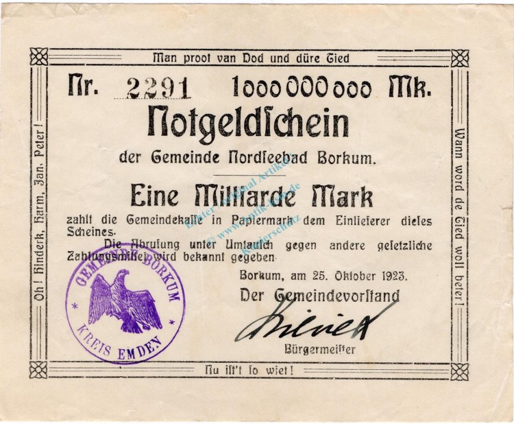 Borkum , Banknote 1 Milliarde Mark -C- L-gbr. Keller 535... Niedersachsen 1923 Inflation