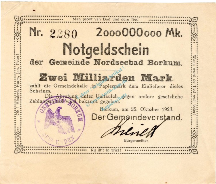 Borkum , Banknote 2 Milliarden Mark , L-gbr. Keller 535... Niedersachsen 1923 Inflation