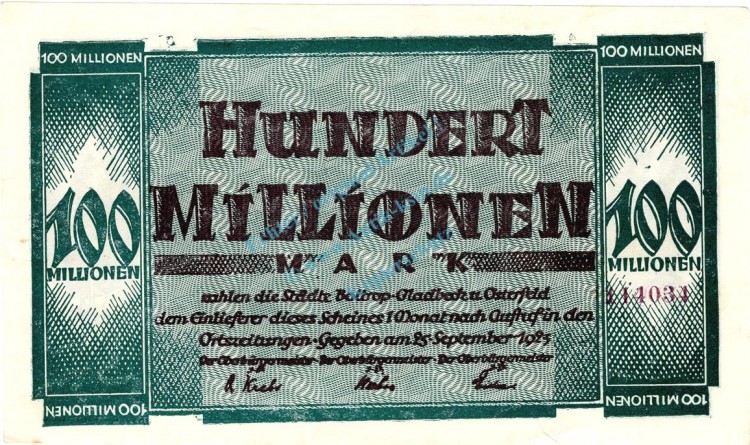 Bottrop , Banknote 100 Millionen Mark Schein unc-kfr. Keller 544.L , Westfalen 1923 Inflation