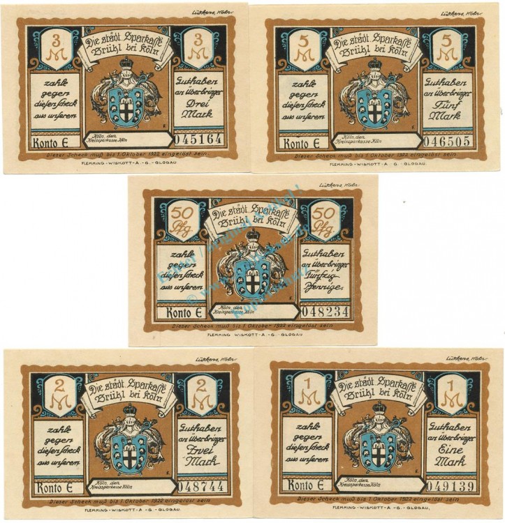 Brühl , Notgeld Set -5 x Konto E- unc-kfr. M-G 192.1.b , NRW o.D. Seriennotgeld -5816-