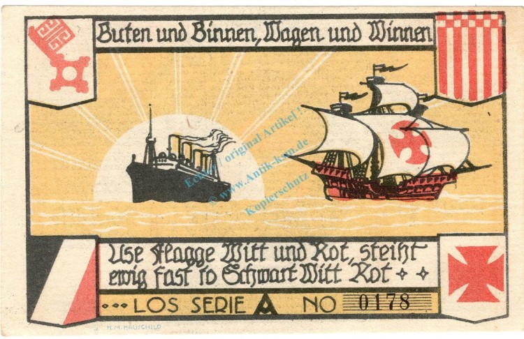 Bremen , Notgeld 50 Pfennig Schein in kfr. M-G 164.1 , Bremen 1921 Seriennotgeld