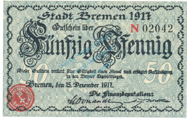 Bremen , Notgeld 50 Pfennig Schein unc-kfr. Ti.0895.055.05 NDS 1917 Verkehrsausgabe -4244-
