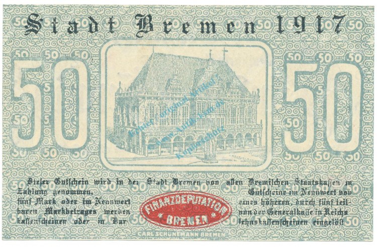 Bremen , Notgeld 50 Pfennig Schein unc-kfr. Ti.0895.055.05 NDS 1917 Verkehrsausgabe -4244-