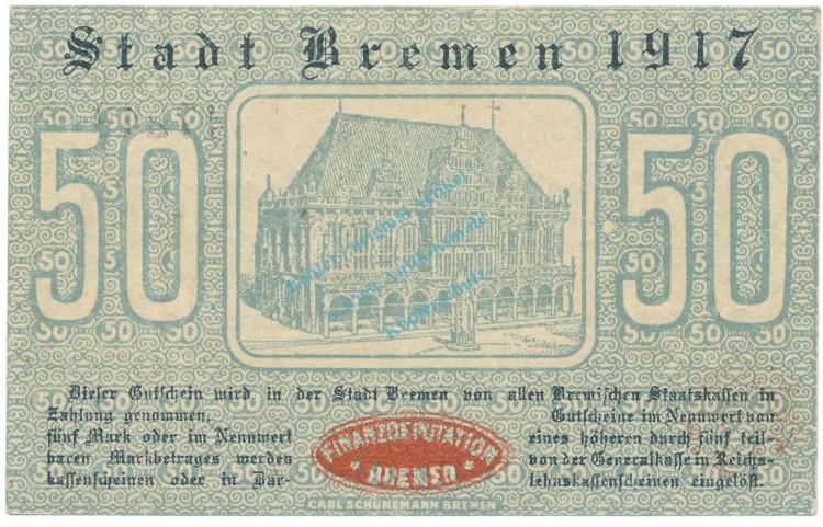 Bremen , Notgeld 50 Pfennig Schein unc-kfr. Ti.0895.055.10 NDS 1917 Verkehrsausgabe -4245-