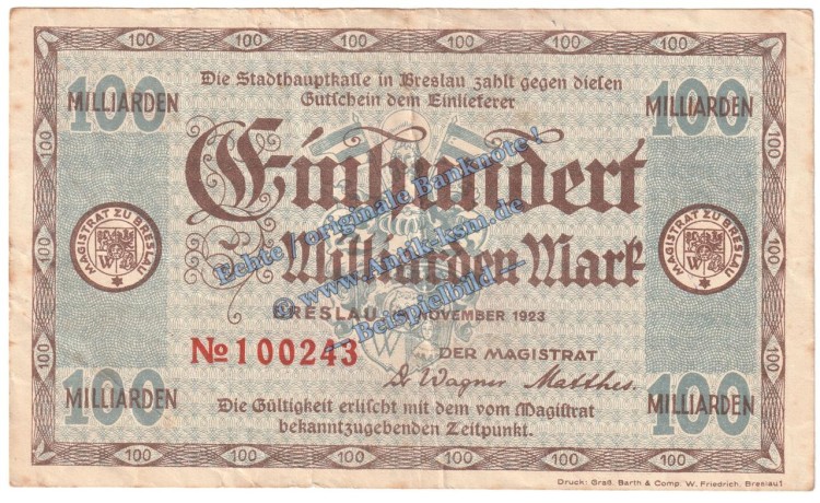Breslau , Banknote 100 Milliarden Mark Schein in gbr. Keller 602.h Schlesien 1923 Grossnotgeld Inflation