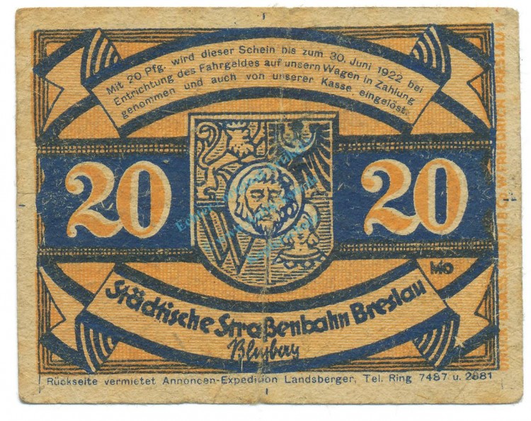 Breslau , Notgeld 20 Pfennig -Fröhlich- gbr. M-G 187.2 , SLN o.D. Seriennotgeld -5714-