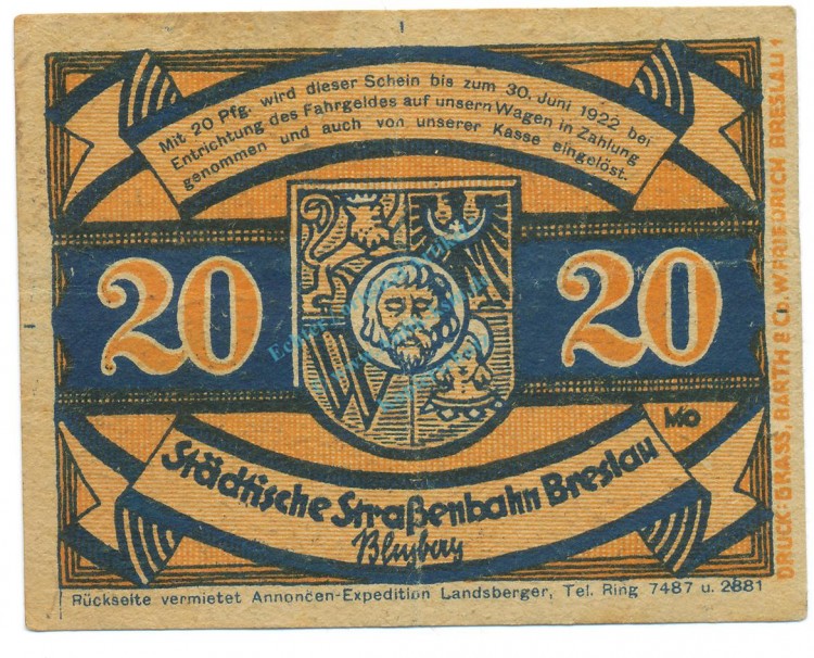 Breslau , Notgeld 20 Pfennig -Garbaty- gbr. M-G 187.2 , SLN o.D. Seriennotgeld -5715-
