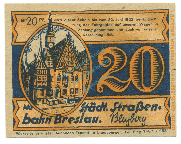 Breslau , Notgeld 20 Pfennig -Kathreiners- L-gbr. M-G 187.2 , SLN o.D. Seriennotgeld -5710-