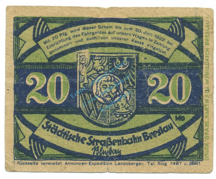 Breslau , Notgeld 20 Pfennig -Ring8300- gbr. M-G 187.1 , SLN o.D. Seriennotgeld -5717-