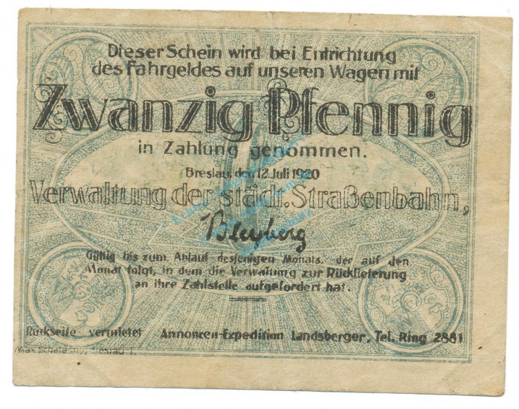 Breslau , Notgeld 20 Pfennig Schein gbr. Tieste 0915.120.05 , Schlesien 1920 Verkehrsausgabe -4054-