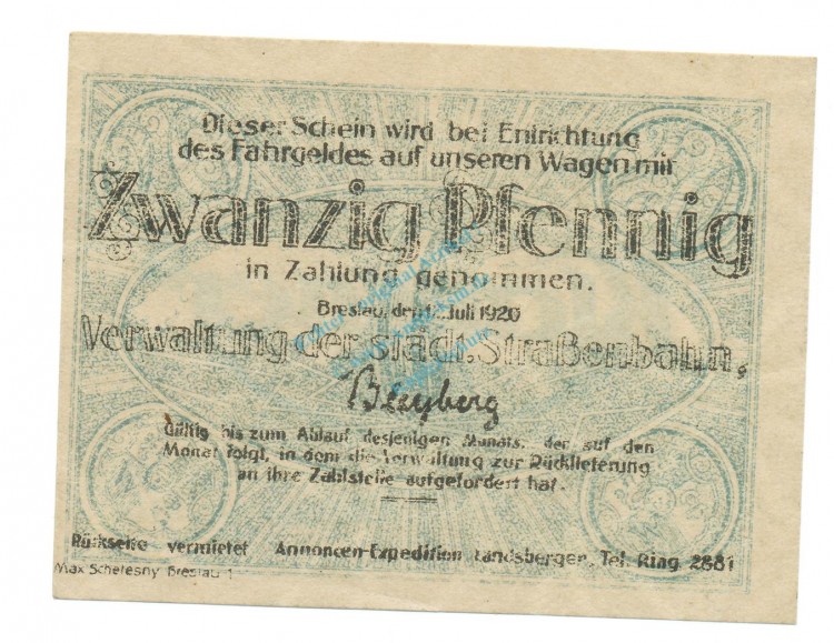 Breslau , Notgeld 20 Pfennig Schein unc-kfr. Tieste 0915.120.05 , Schlesien 1920 Verkehrsausgabe -4056-