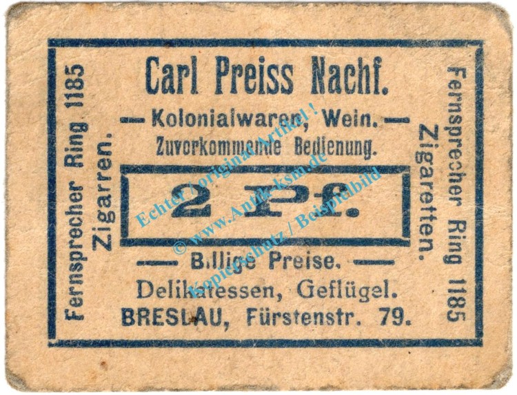 Breslau , Notgeld 2 Pfennig Schein in gbr. Tieste 0915.105.02 , Schlesien o.D. Verkehrsausgabe