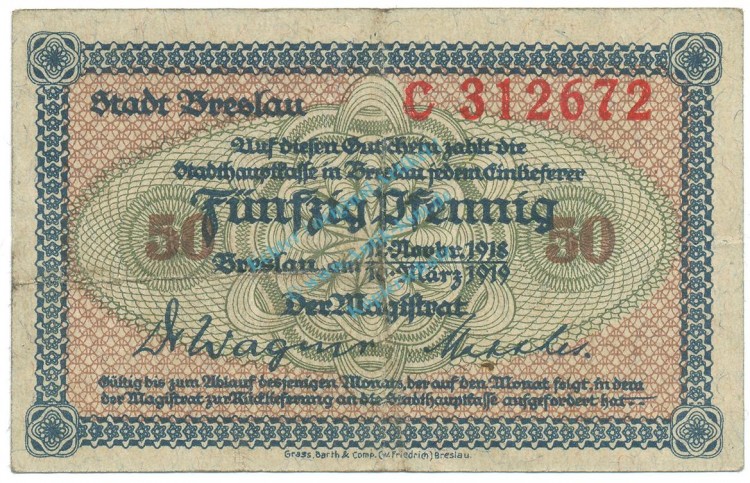 Breslau , Notgeld 50 Pfennig Schein -C- gbr. Ti.0915.115.15 , SLN 1918 Verkehrsausgabe -4220-