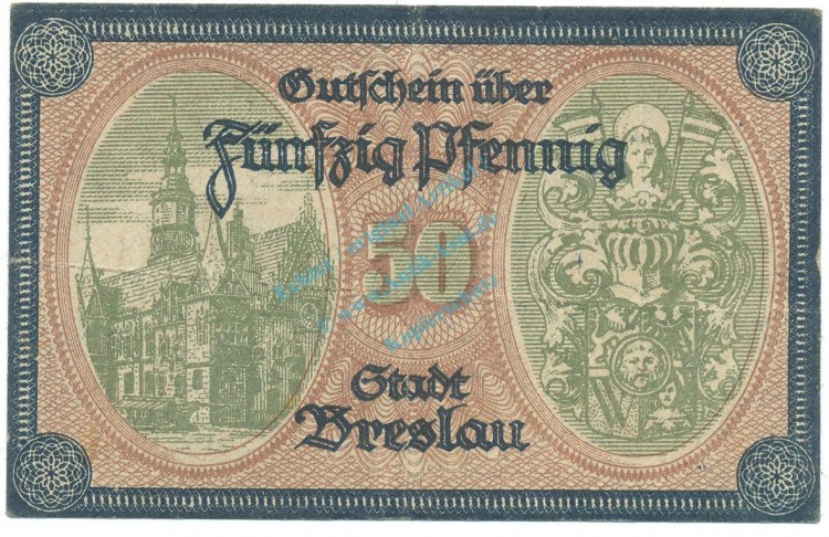 Breslau , Notgeld 50 Pfennig Schein -C- gbr. Ti.0915.115.15 , SLN 1918 Verkehrsausgabe -4220-