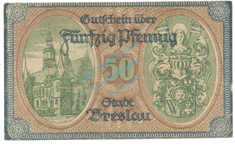Breslau , Notgeld 50 Pfennig Schein -D- gbr. Ti.0915.115.20 , SLN 1918 Verkehrsausgabe -4221-