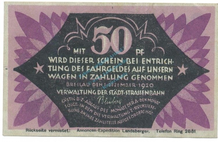 Breslau , Notgeld 50 Pfennig Schein gbr. Ti.0915.120.13 , SLN 1920 Verkehrsausgabe -4218-