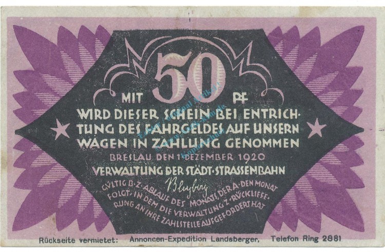 Breslau , Notgeld 50 Pfennig Schein gbr. Ti.0915.120.14 , SLN 1920 Verkehrsausgabe -4217-