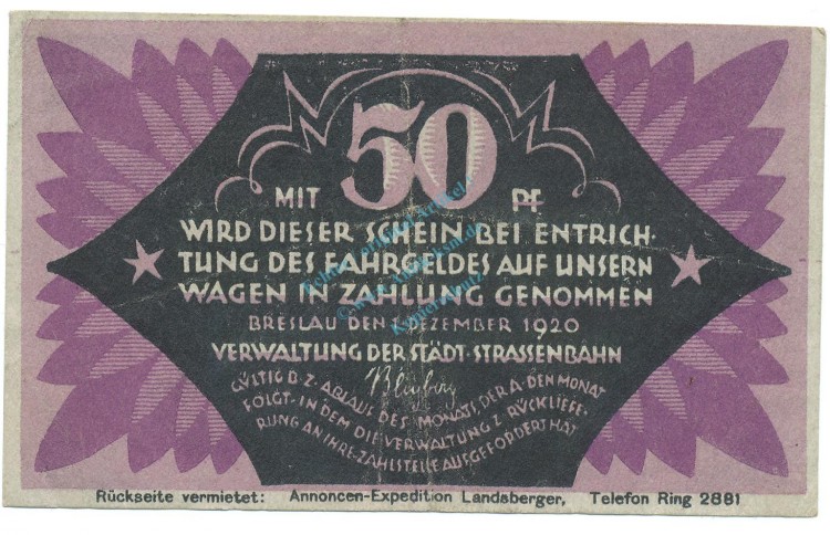 Breslau , Notgeld 50 Pfennig Schein gbr. Ti.0915.120.15 , SLN 1920 Verkehrsausgabe -4219-