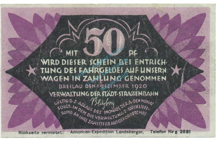 Breslau , Notgeld 50 Pfennig Schein L-gbr. Tieste 0915.120.10 , Schlesien 1920 Verkehrsausgabe -4055-