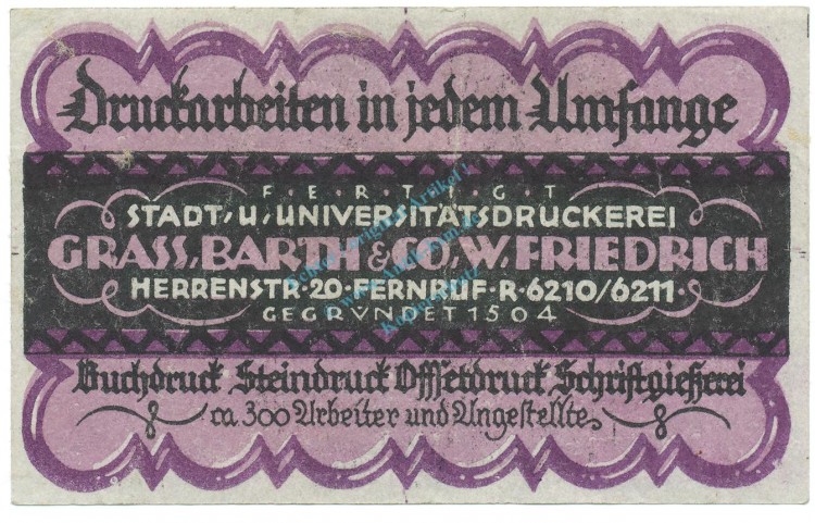 Breslau , Notgeld 50 Pfennig Schein L-gbr. Tieste 0915.120.10 , Schlesien 1920 Verkehrsausgabe -4055-