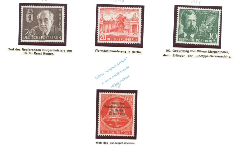 Briefmarken Berlin -Reuter, Konferenz, Margenthaler, Wahl- 1954 pfr. Mi.115-118 -0525-